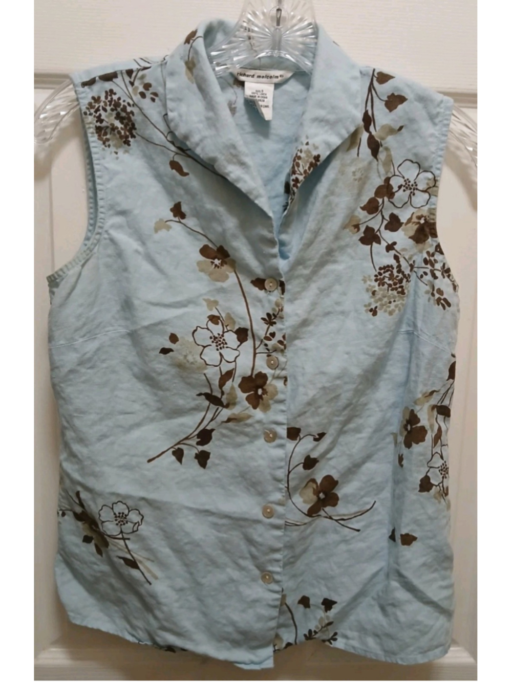 Richard Malcolm Womens Sleeveless Button Up Top Sz S 100% Linen Blue Coastal